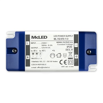 LED zdroj napájecí 12V DC 12W 1,0A plast IP20 svorkovnice McLED