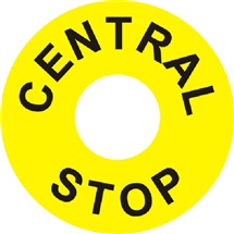 Štítek "CENTRAL STOP, žlutočerný" (prům.60mm, mezikruží 22mm) fólie